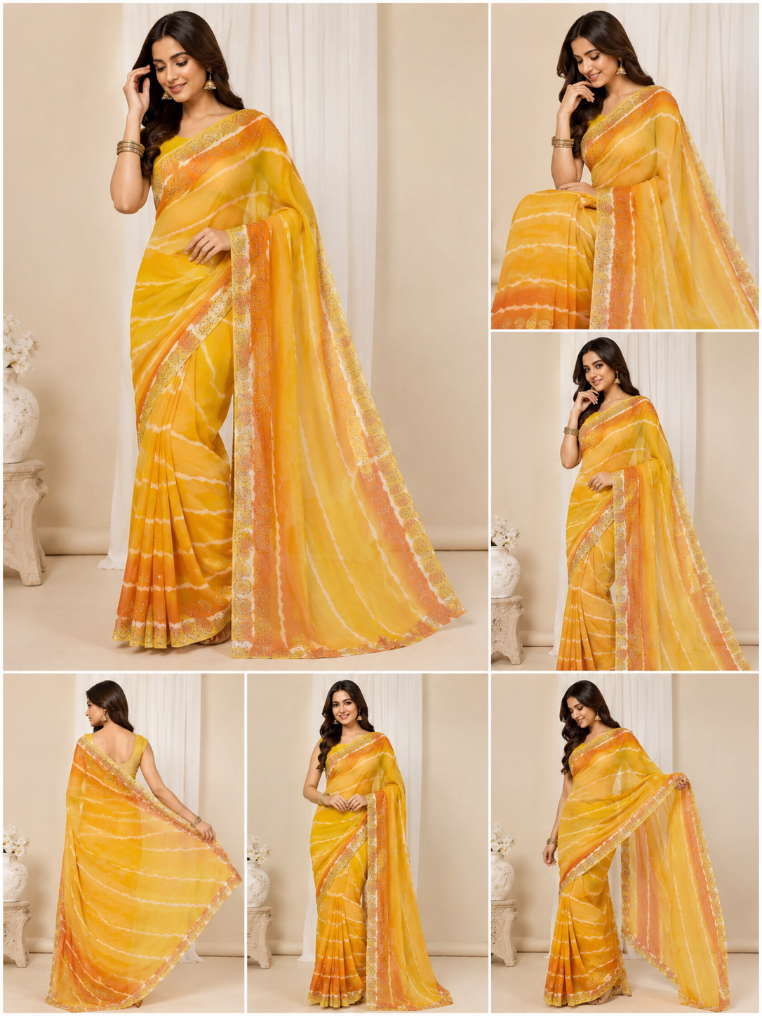 Women’s Yellow Leheriya Saree with Diamond Work Border
