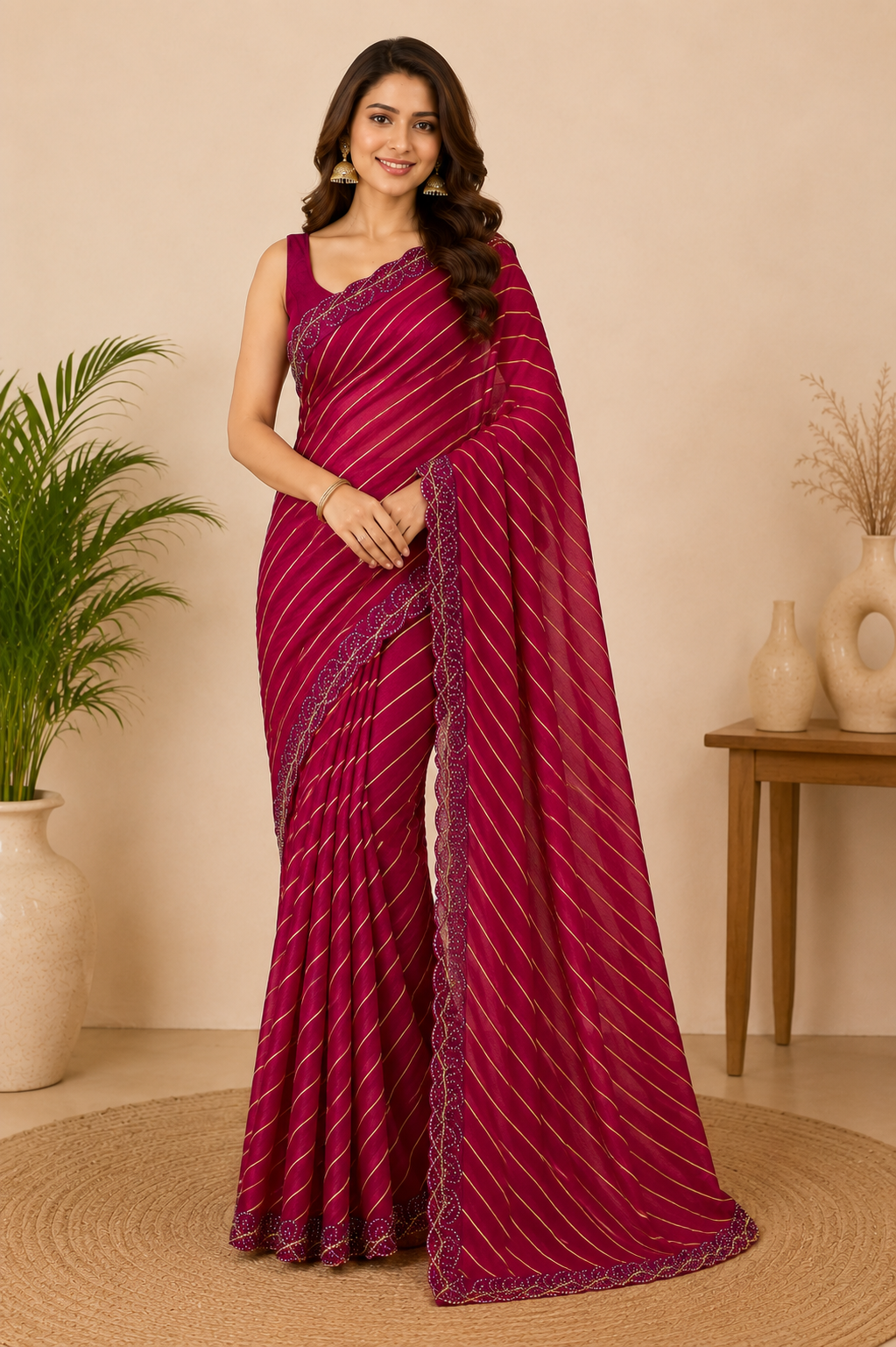 Women’s Magenta Leheriya Saree with Diamond Work Border