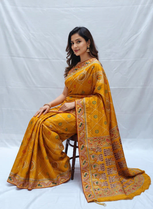 Rajwadi yellow saree block pattern