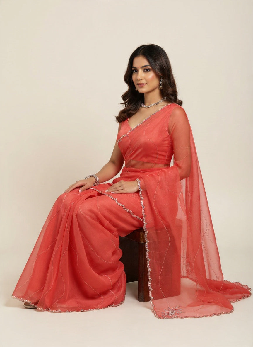 Fountain fabric red style pattern saree