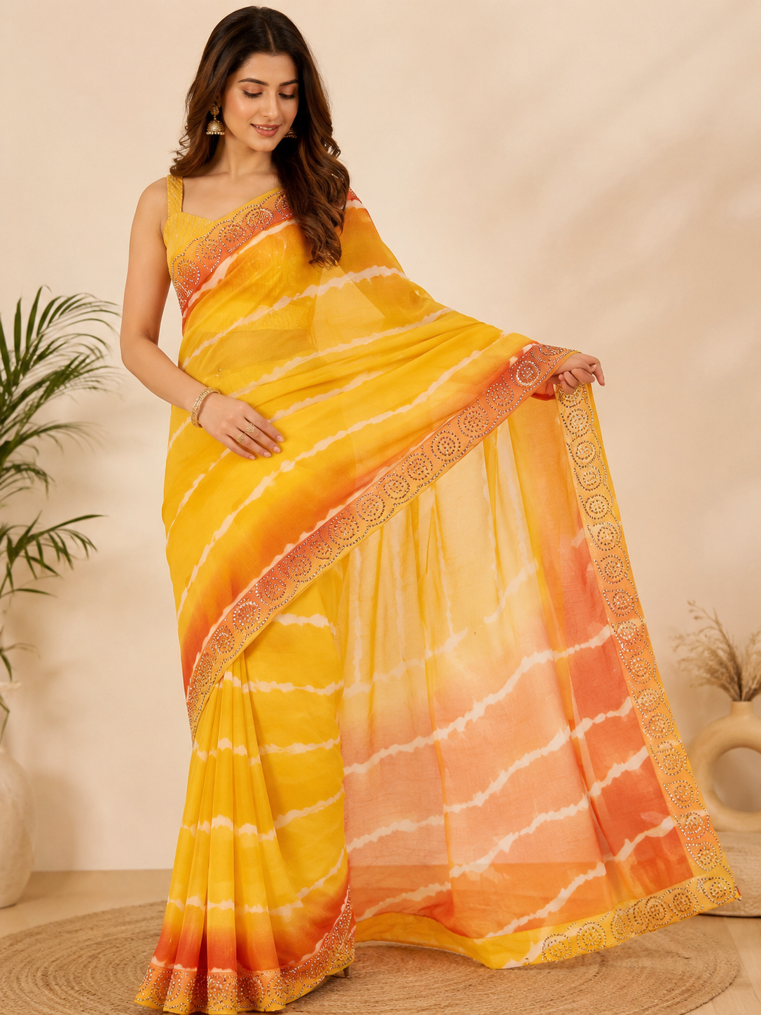 Women’s Yellow Leheriya Saree with Diamond Work Border