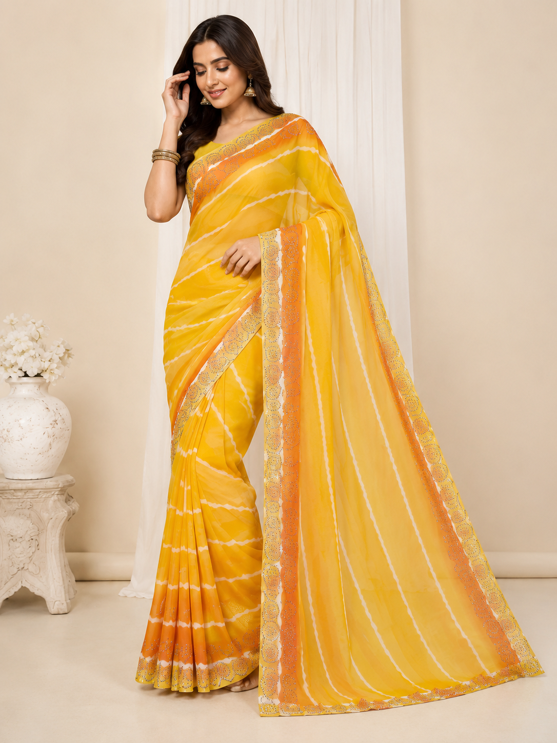 Women’s Yellow Leheriya Saree with Diamond Work Border