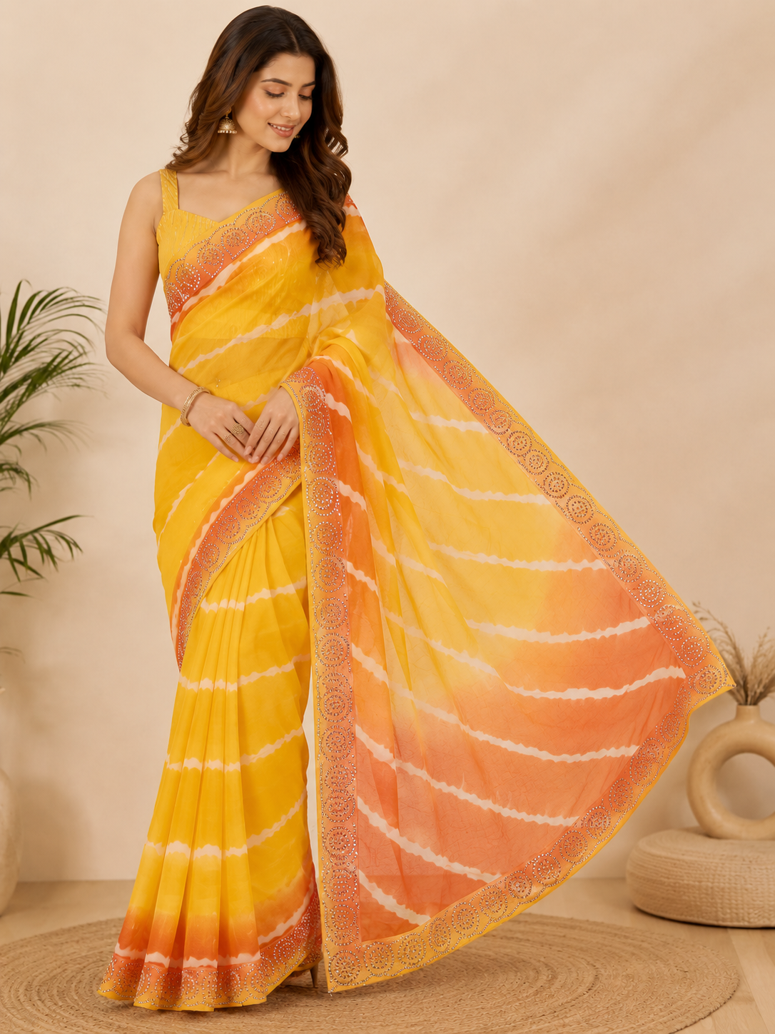 Women’s Yellow Leheriya Saree with Diamond Work Border