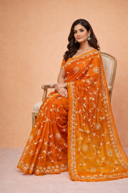 Gotta patti work chiffon fabric saree with gradient colour