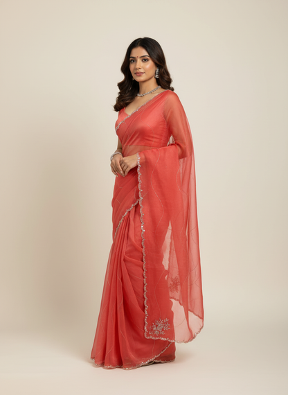 Fountain fabric red style pattern saree