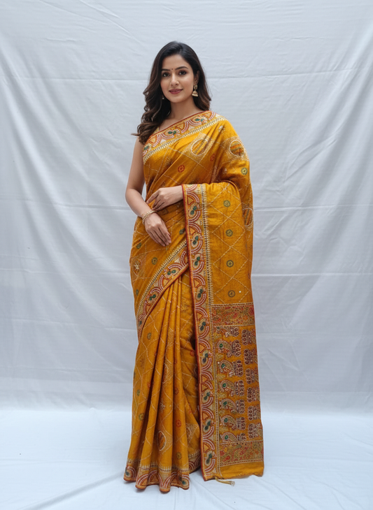 Rajwadi yellow saree block pattern