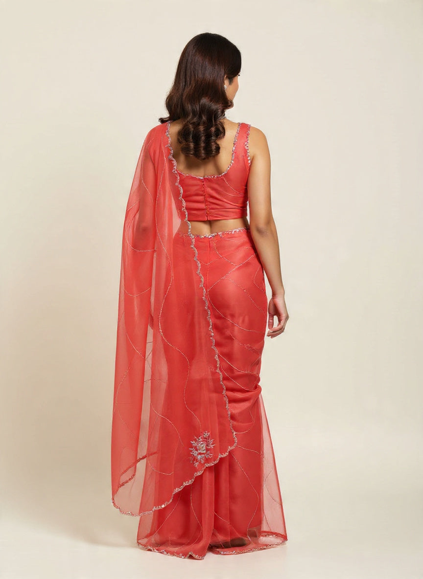 Fountain fabric red style pattern saree