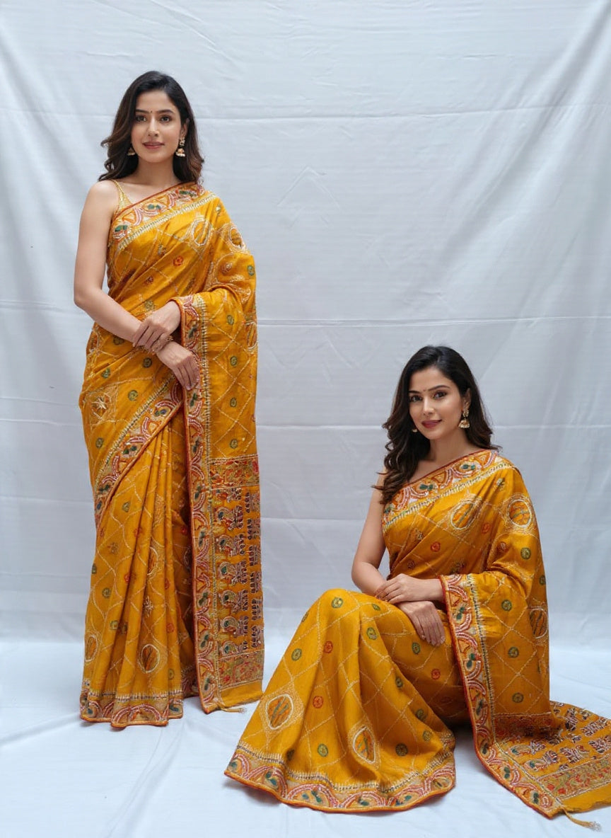 Rajwadi yellow saree block pattern