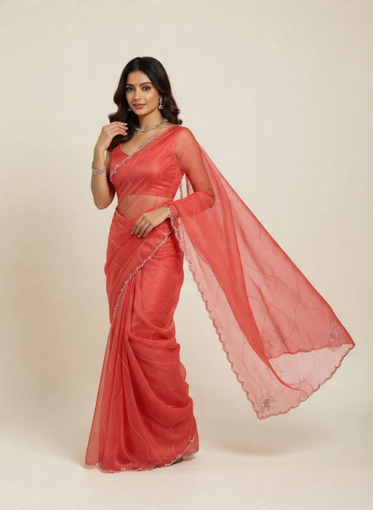 Fountain fabric red style pattern saree
