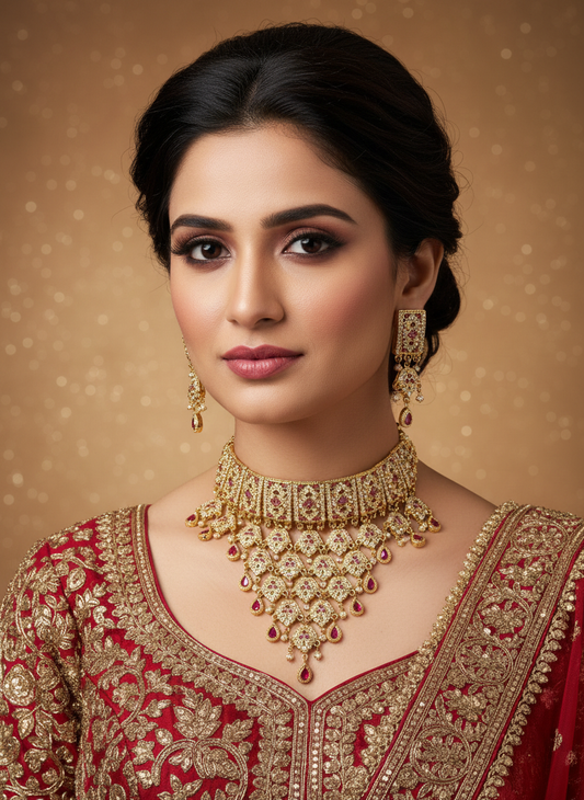 Red kundan and diamond necklace set with tops
