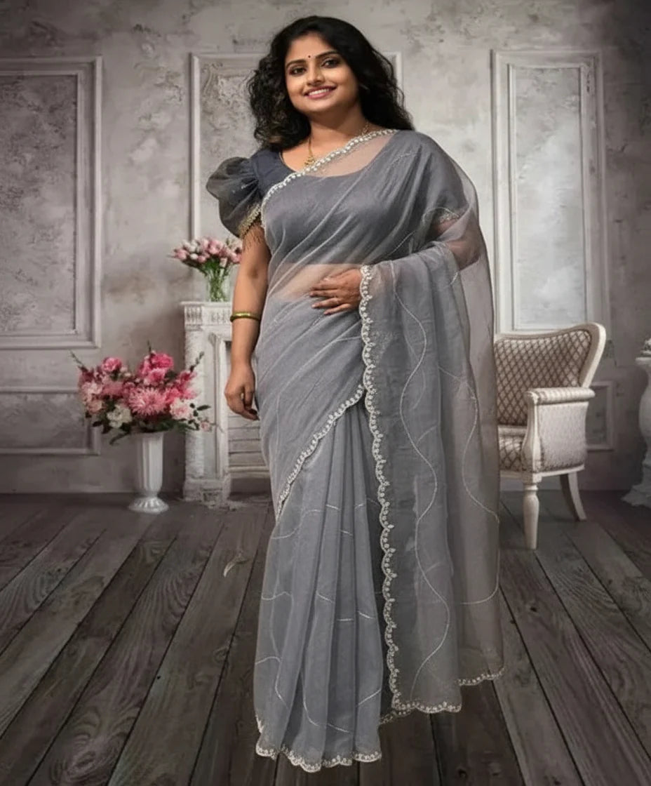 Ready to Wear Self Design Bollywood Tissue Saree