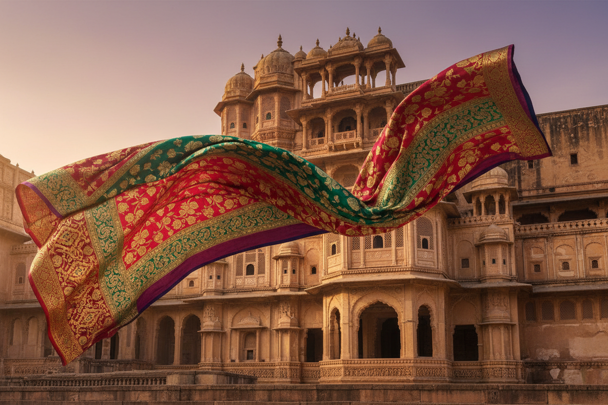 flying saree pallu banner without text background should be hisdtorical place